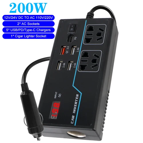 Imagen 1 del producto Inversor de voltímetro G9, convertidor de potencia para coche, adaptador de encendedor de cigarros de 200W, divisor, 8 puertos de salida, enchufe DC 12V 24V a AC 110V 220V