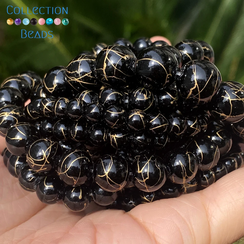 Natural Stone Beads 6 8 10 12mm Black Gold Color Line Agates Round Beads For Jewelry Making DIY Handmade Bracelet Necklace 15''