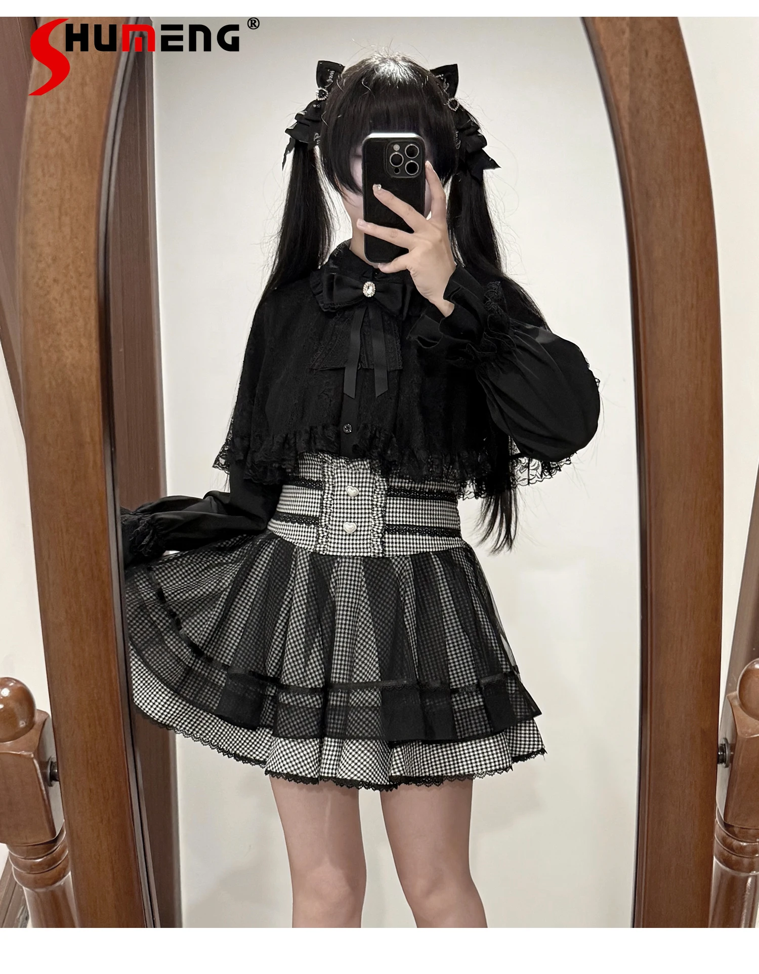 

Японский стиль Mines, кружевная накидка, верхняя юбка, комплект из двух предметов, милая рубашка с длинными рукавами, клетчатая юбка с высокой талией, комплекты в стиле Лолиты, женские осенние комплекты