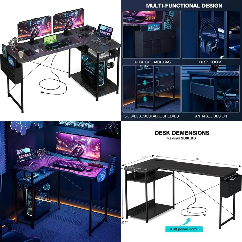 L-Shaped 55 Inch Gaming Desk with Power Outlets, Reversible Shelves, Storage, and Corner PC Desk Features