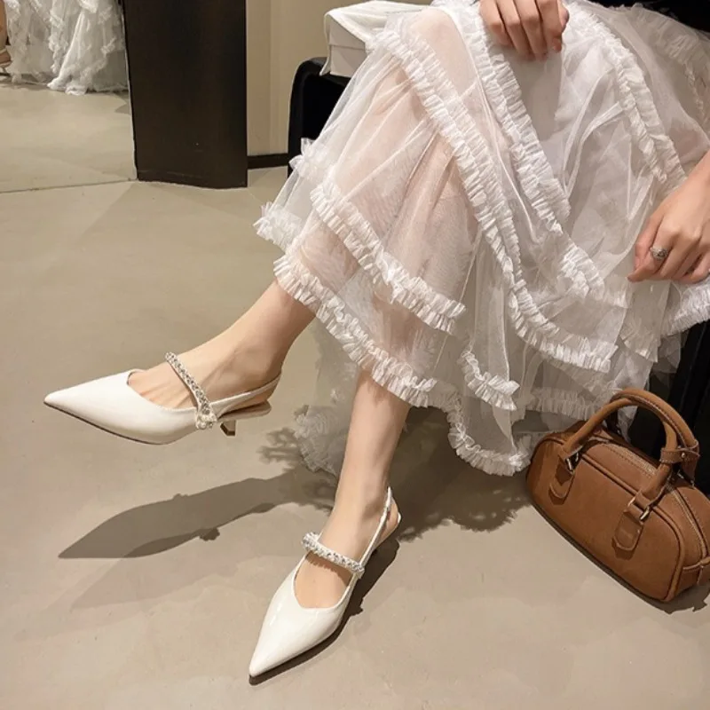 

Women's Silver Pointed Toe Slingback Shoes Rhinestone Decor Low Heel Mary Jane Shoes Casual Dress Shoes for Ladies Zapatos Mujer