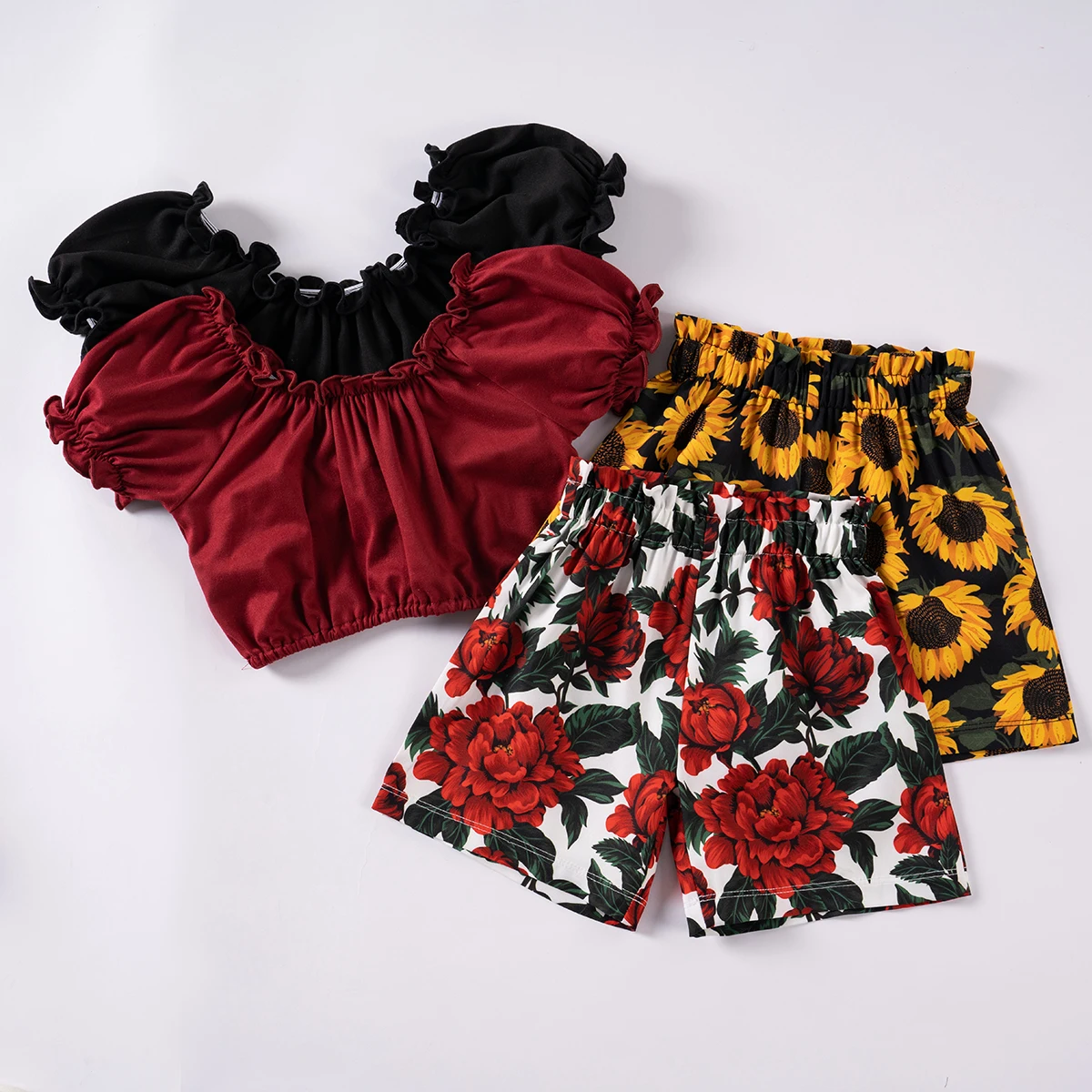 New girls Fashion Short Sleeve Set Summer Solid Color Bubble Sleeve Top + Full Printed Flower Shorts Two Piece Set