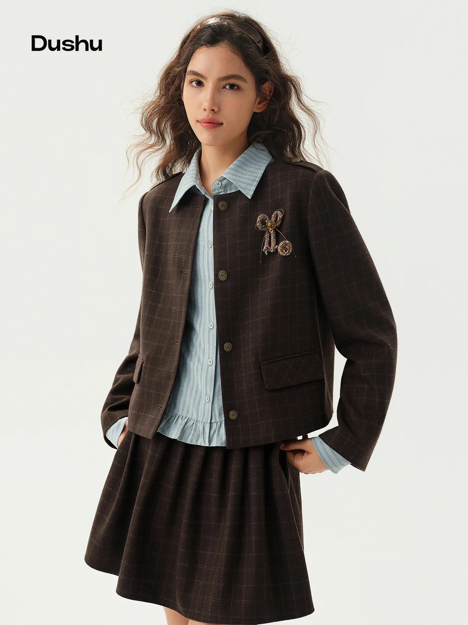 DUSHU Women's【Coco Brownie】Vintage Preppy Plaid Two‑Piece Set Structured‑Shoulder Winter Coat Skirt Matching Outfit for Ladies