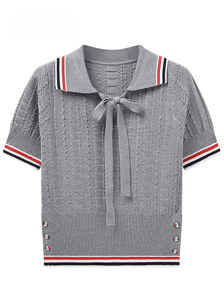 

JZZDEMM Knitted ort Sve irt Women's Sle Retro Commute Pure Color Turn-down Collar Bow-tied Hollow Pattern Tee-color