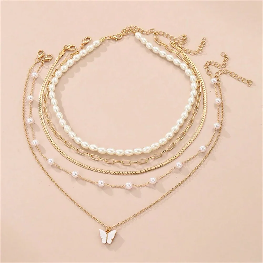 Fashion Multilayered Gold-plated Snake Chain Imitation Pearls Necklace For Women Vintage Female Butterfly Pendant Jewelry Gift