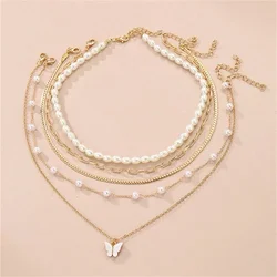 Fashion Multilayered Gold-plated Snake Chain Imitation Pearls Necklace For Women Vintage Female Butterfly Pendant Jewelry Gift