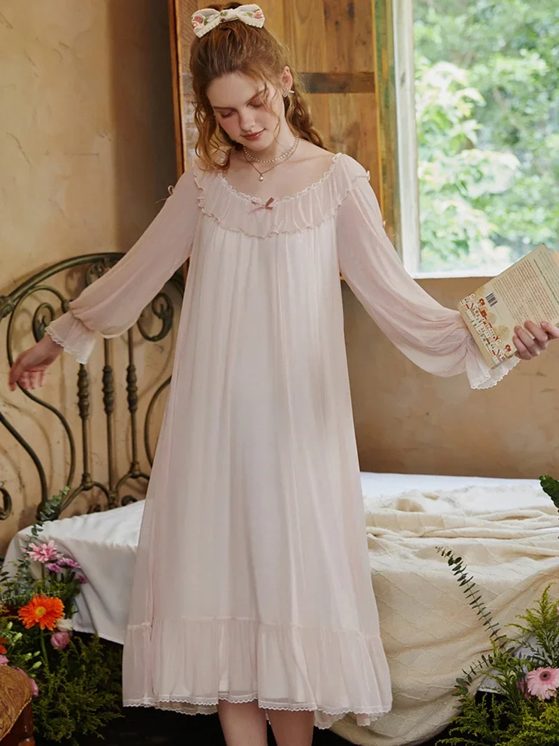 

Women French Autumn Mesh Fairy Nightgown Noble Romantic Victorian Pink Loose Night Dress Vintage Princess Ruffles Sleepwear