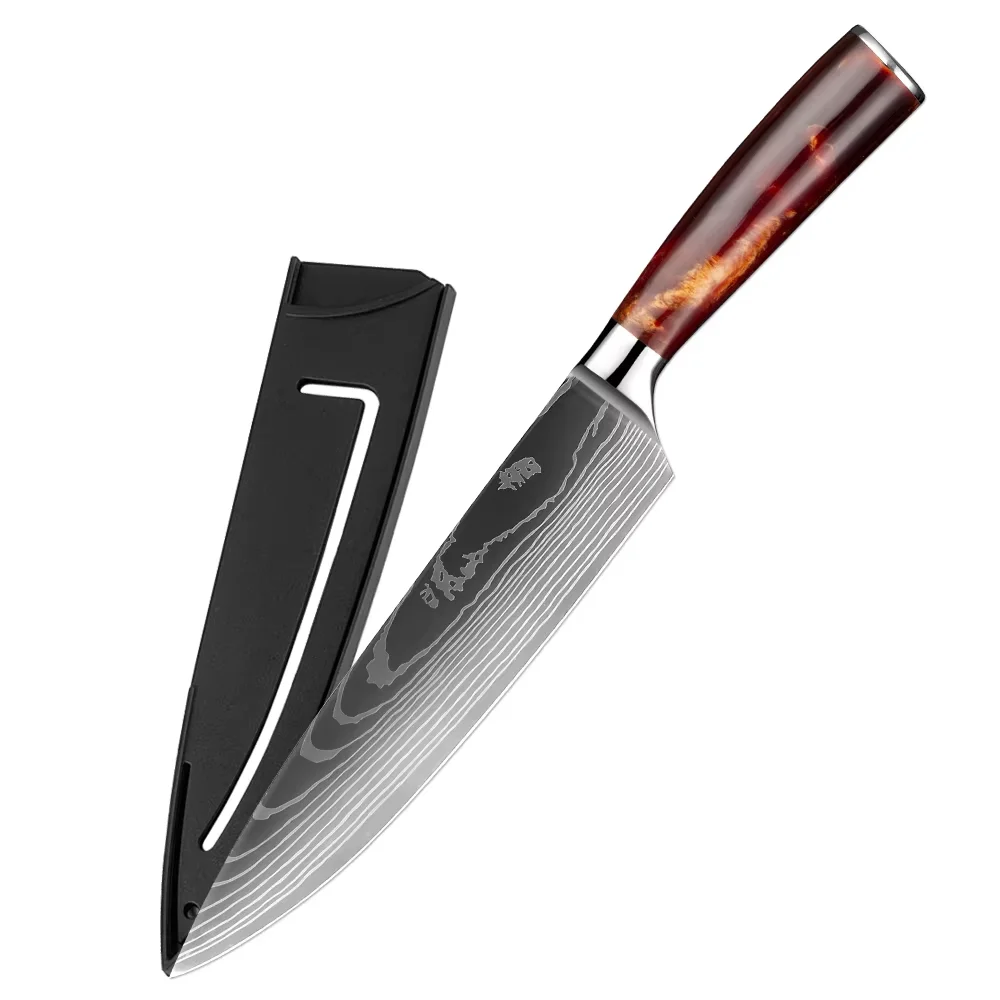 XITUO-Couteau de cuisine tranchant en acier inoxydable, couteau de chef, bord ergonomique, manche en résine rouge avec gaine, 8 po, 7Cr17Mov