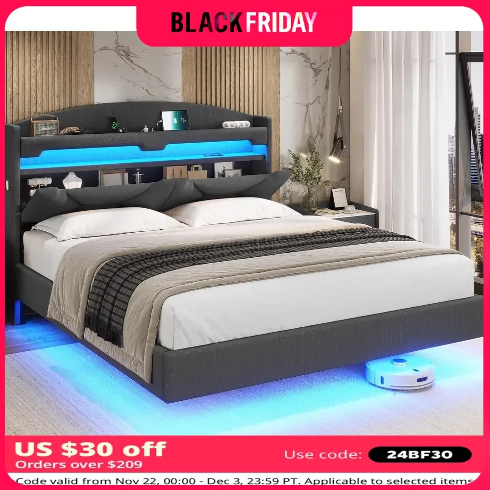 Bed Frame Bedroom Furniture Noise Free Queen Metal Bed Frame Solid Wood Slats Dark Grey Beds Under Storage King Size Bed Frame