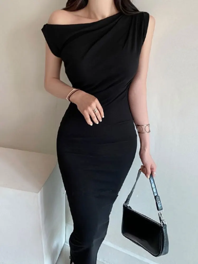 Summer Dress Women 2024 Black Elegant Korean Fashion Bodycon Slash Neck Prom Evening Sheath Party Mid Dresses Women\'s Clothing