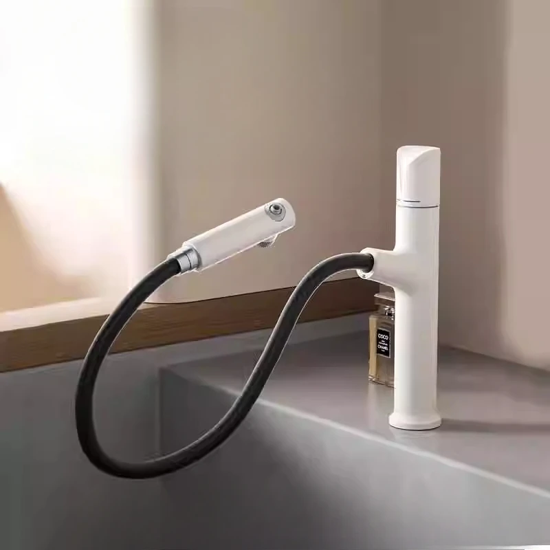 All-copper White Countertop Washbasin Washbasin Basin Pull-out Hot and Cold Rotating Faucet Single Handle Single Hole