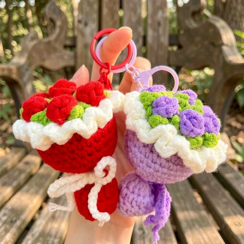 DIY Kreative Cartoon-Wollperlen-Rose mit Blumen Valentinstagsgeschenk Rosen-Schlüsselanhänger