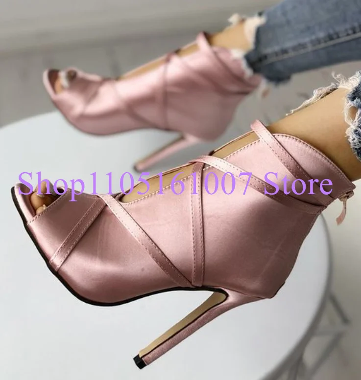 

New Peep Toe Satin Sandals Fashion Narrow Band Thin High Heel Sandal Boots Back Zipper Stiletto Heel Ladies Shoes Dress Shoes