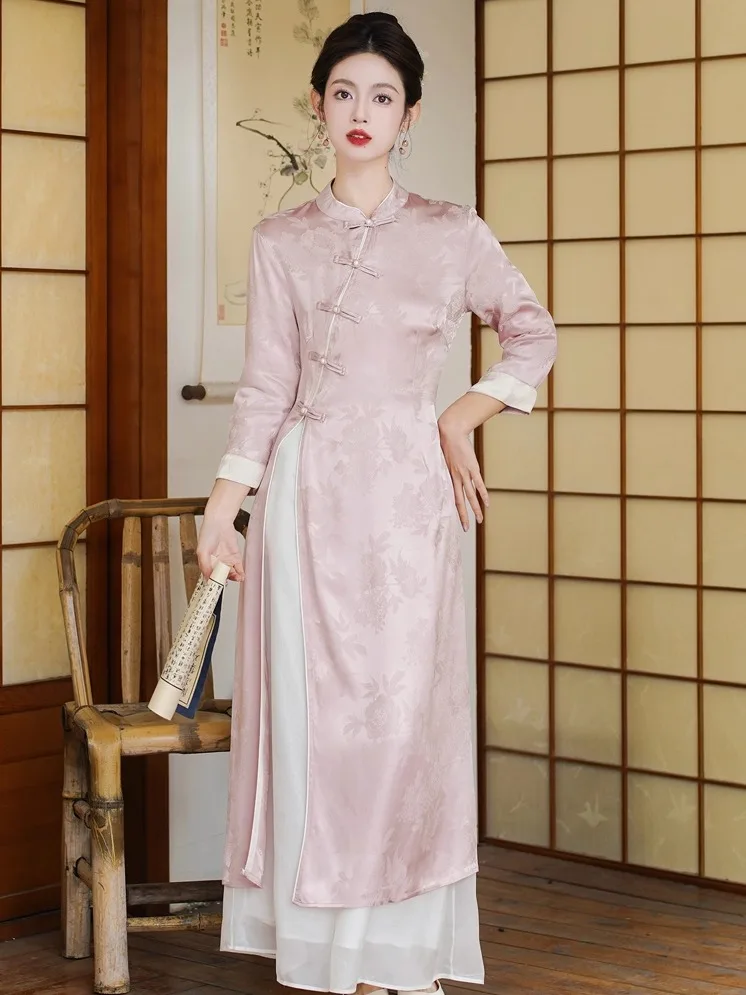 new-chinese-sle-zen-tea-costume-pants-two-piece-set-resplendent-national-trend-retro-embroidery-buttoned-midi-qipao-women's