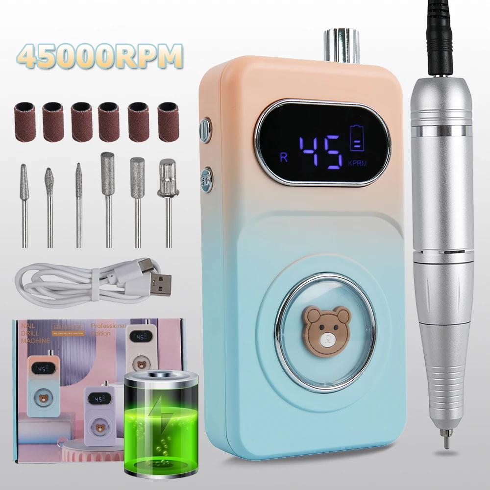 

Перезаряжаемая электрическая дрель для ногтей 45000 об/мин — портативная пилочка для ногтей с мультяшным узором для дома и салона, маникюрный инструмент
