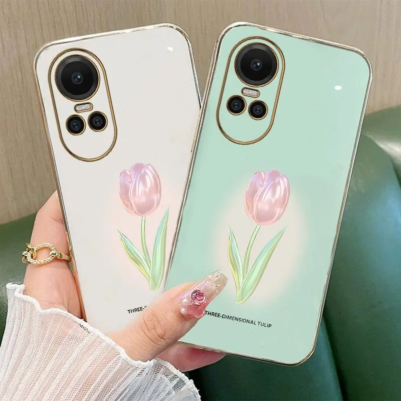 10 Tulips Phone Case For OPPO Reno 11 9ProPlus 8 T Pro 7 7Lite 7Z 6 6Z 6 5Lite 5F 4 4F Pro Plus Plating Silicone Cover