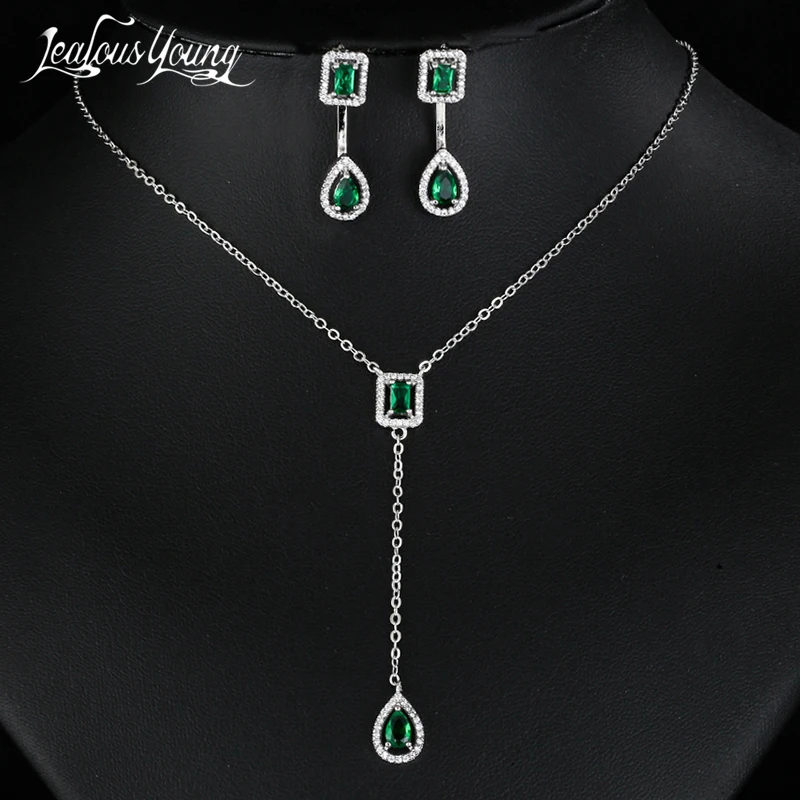 Conjuntos de joyas de fiesta de circón verde para novia, collar, pendientes, regalo, joyería de declaración, moda 2023