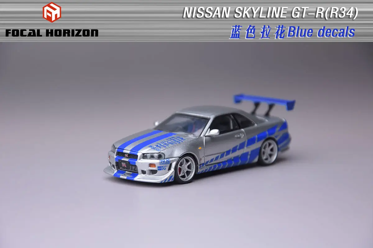 FH 1:64 GTR R34 C-West إصدار معدل، نموذج سيارة مصنوع من خليط FNF باللون الفضي والأزرق السريع