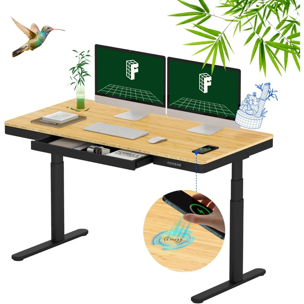 

55" Bamboo Standing Desk, Dual Motor 3 Stages Adjustable, Quick Install, 220lbs, Computer Desks