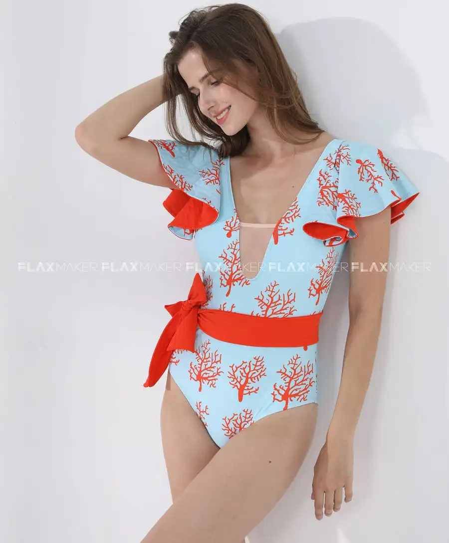 One Piece Ruffle Bikini V-Neck Cutout Swimsuit Print High Waist Slim Backless Holiday Beachwear Seamless Patchwork Swimwear