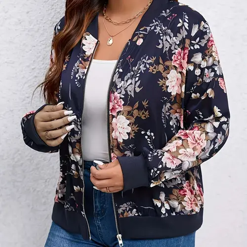 Chaqueta talla grande con cuello de béisbol y estampado floral.