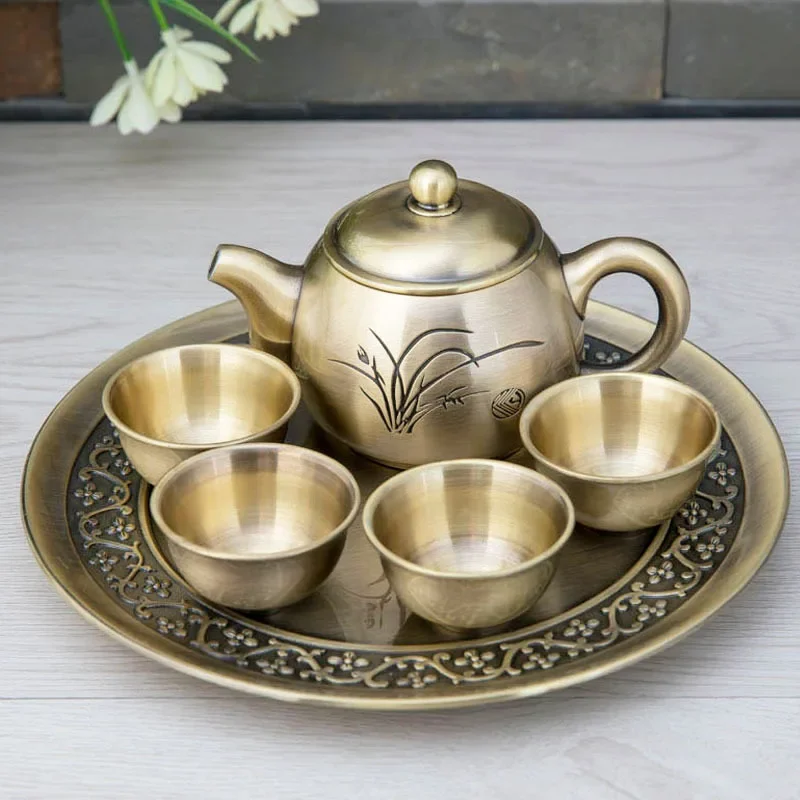 

Light Luxury Classical Orchid Tea Set Gift Set, Metal Zinc Alloy Home Office Chinese style Kung Fu Tea Tray One Teapot Four Cups