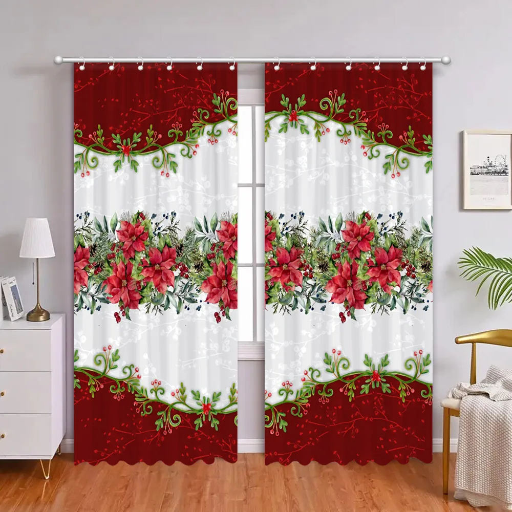 2Pcs Christmas Printed Curtains Christmas Tree Snowflakes Father Christmas Gifts Polyester Shower Curtains Bathroom Home Decor