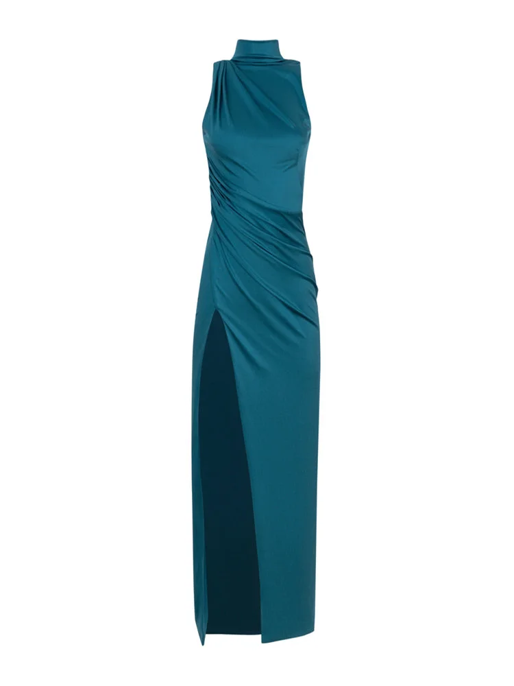 

New Arrival High Neckline Sleeveless Satin Straight Evening Dress Elegant Open Back Floor Length High Slit Gown For Women 2024