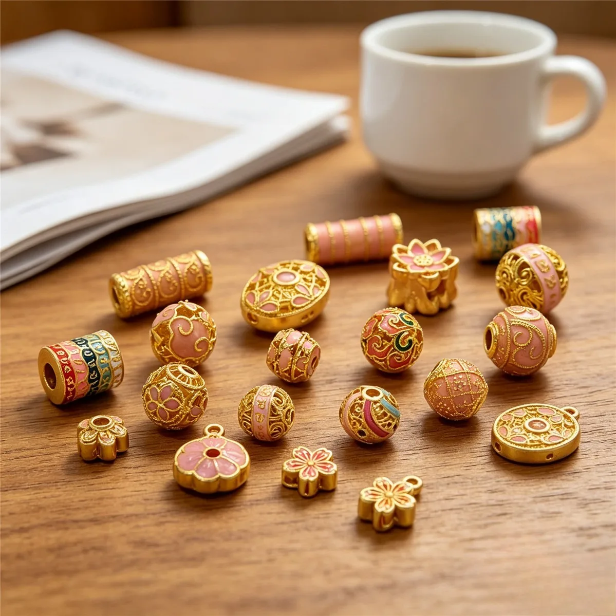 Brass Gold Plated Pink Enamel Cherry Blossom Round & Tube Spacer Beads DIY Bracelet Earring Jewelry Findings
