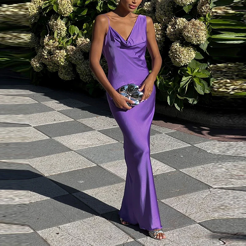 

Модное вечернее платье с высокой талией и складками, элегантное платье на бретельках с открытой спиной и вырезами, женское сексуальное длинное атласное платье без рукавов с V-образным вырезом