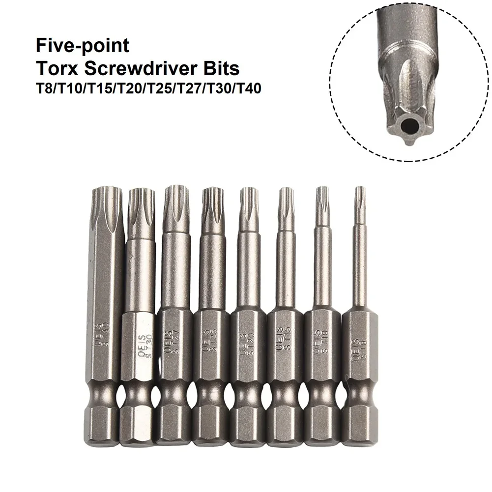 1pc 50mm Torx Screwdriver Bit 1/4\'\' Hex Shank Magnetic Five-point Torx Batch Head With Hole T8-T40 For Electric Screwdrivers