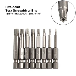 1pc 50mm Torx Screwdriver Bit 1/4'' Hex Shank Magnetic Five-point Torx Batch Head With Hole T8-T40 For Electric Screwdrivers