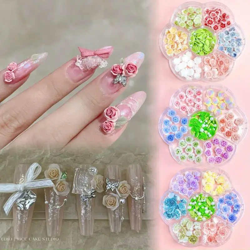 Mixed Colorido Resina Flores Nail Art Decoração, Encantos Acessórios, DIY Phone Case com Pérola, Folhas Verdes, 1 Caixa