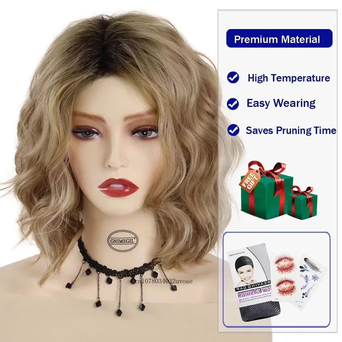 Synthetic Hair Short Curly Wigs White Women Dark Roots Honey Blonde Drag Wig Natural Wave Hairstyles Lady Wig with Side Bangs