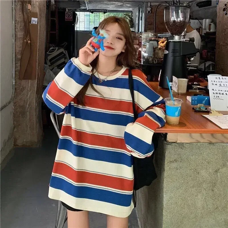 Hoodies Striped Oversized Sweatshirt Women Harajuku Pullovers Korean Fashion Couples Matching Long Sleeve Tops Streetwear