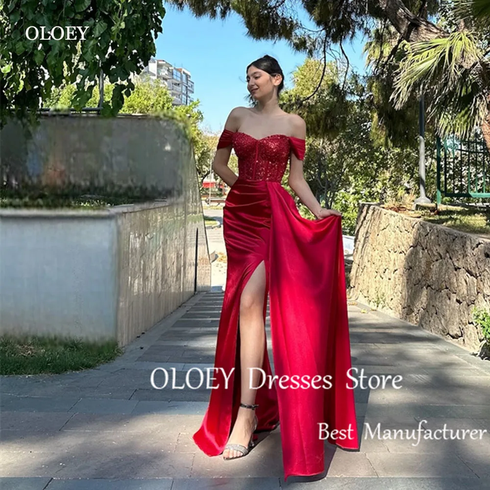 OLOEY Sexy Off Shoulder Red Mermaid Evening Dresses Sleeves Split Shiny Sequin Satin Pleats Prom Gowns Celebrity Party Dress