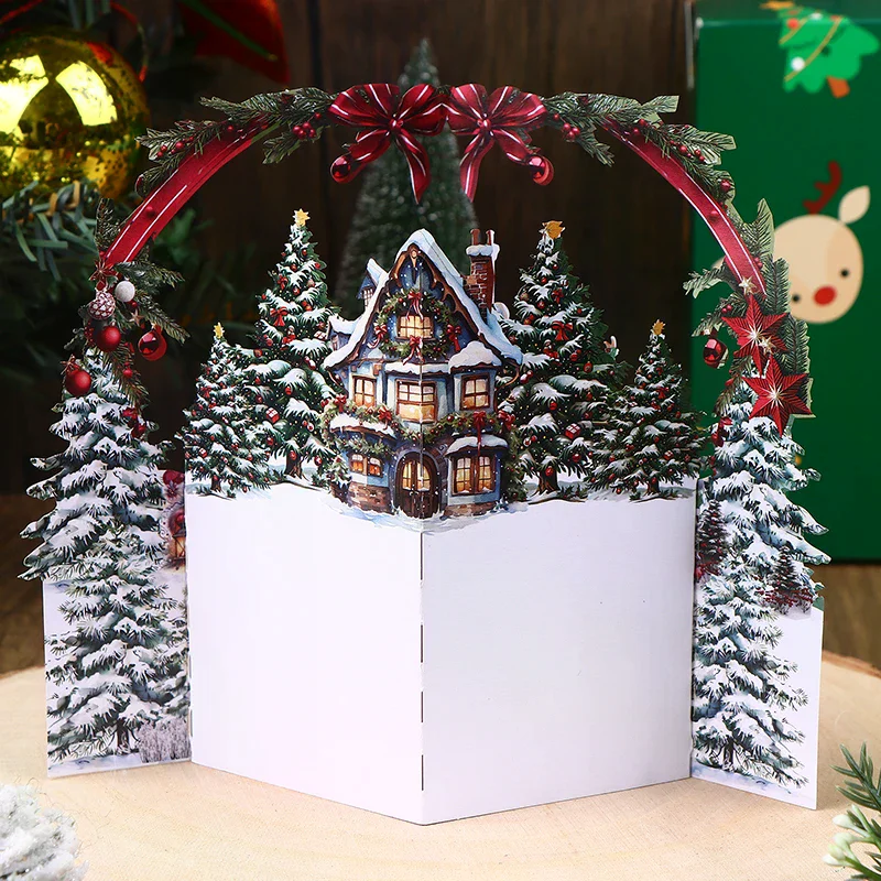 1 قطعة بطاقة عيد الميلاد ثلاثية الأبعاد مع منزل شتوي ثلجي ومغلف تصميم شجرة عيد الميلاد يتضمن تحية احتفالية لأصدقاء العائلة #4
