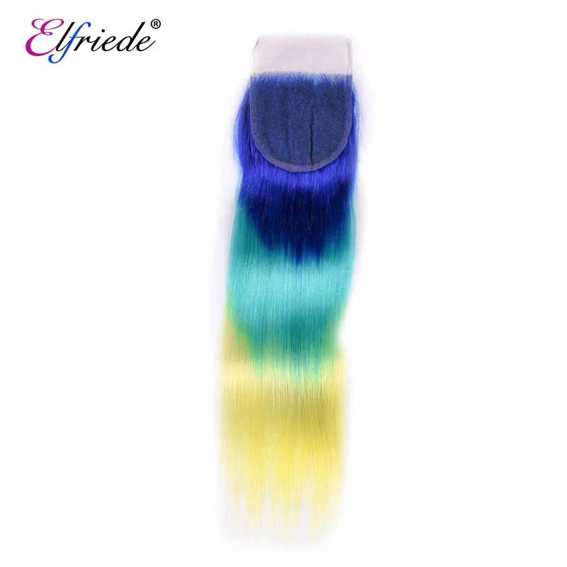 Elfriede Blue/Green/Yellow Straight 3T Ombre Color Hair Bundles with Closure Human Hair Weaves 3 Bundles with Lace Closure 4x4