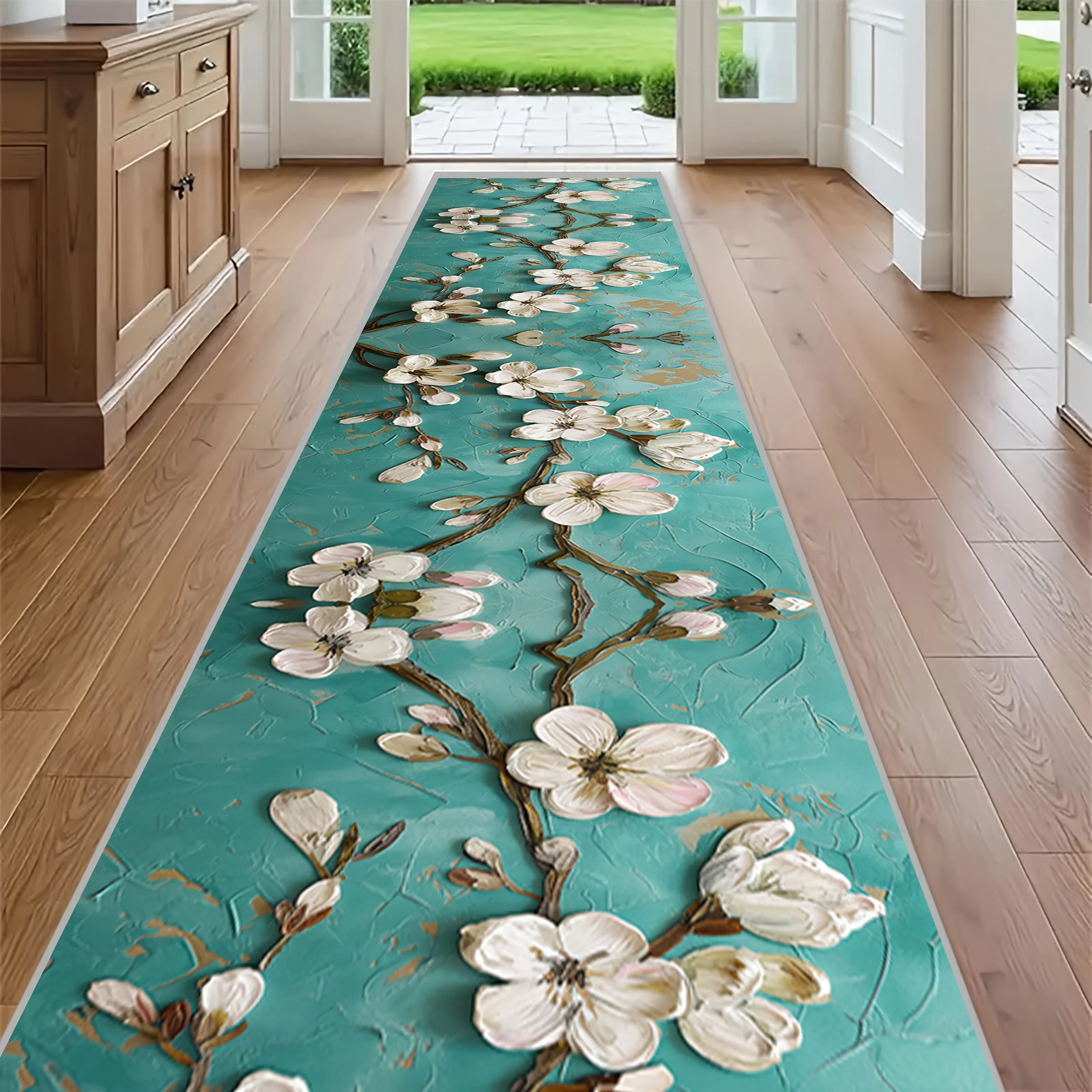 Teal Green 2D Floral Runner Rug Sculptural Blossom Design Indoor Floor Mat For Hallway Entryway Home Decor Accent