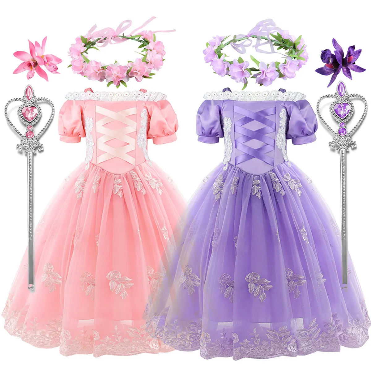 

Disney Girl Cosplay Pink Princess Aurora Dress Christmas Halloween Tulle Fancy Rapunzel Costume Girl Birthday Party Clothing Set