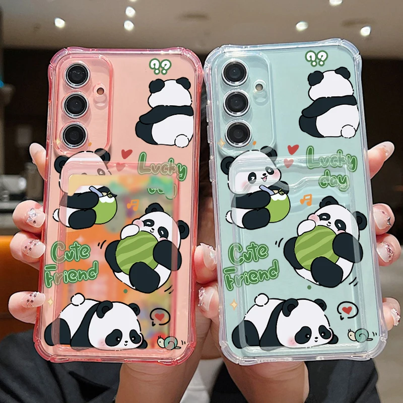 Cute Panda Clear Card Bag Case For Samsung Galaxy S26 S23 Ultra S25 Edge S24 FE A57 A37 A17 A56 A36 A54 A15 A55 A16 Phone Cover