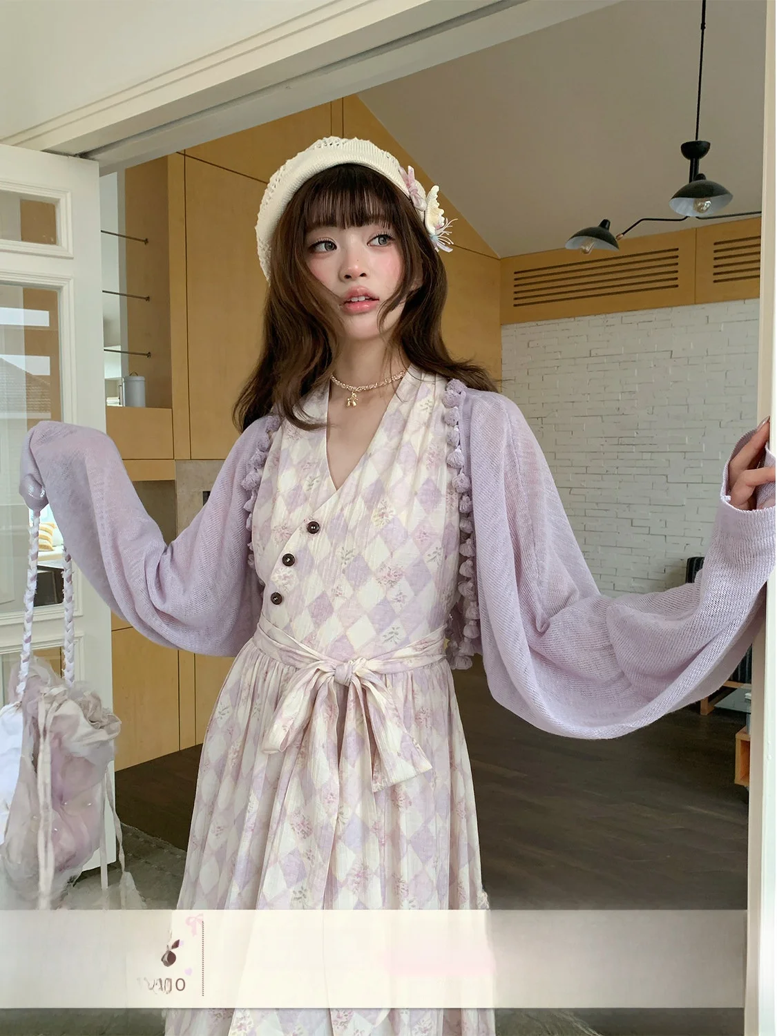 

Ruan Ruan Mist Island Cherry Long Sleeve Knitted Open Cardigan Women's Spring Season Tassel Lace Atmosphere Layering Clothing