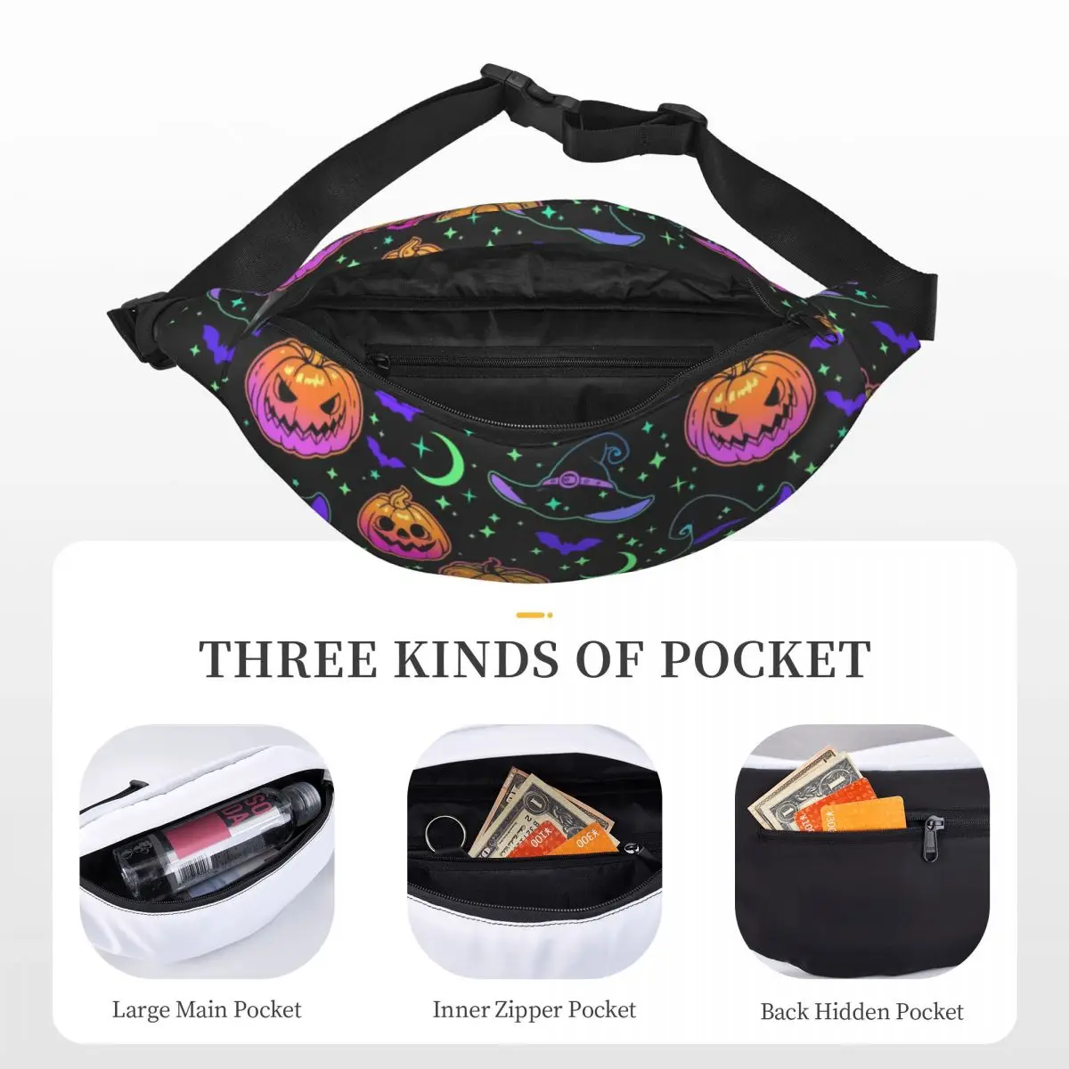 Niestandardowe Halloween Witch Pumpkin Bats Magic Mysterious Horror Fanny Pack Sling Crossbody Waist Bag Travel Hiking Phone Money Pouch