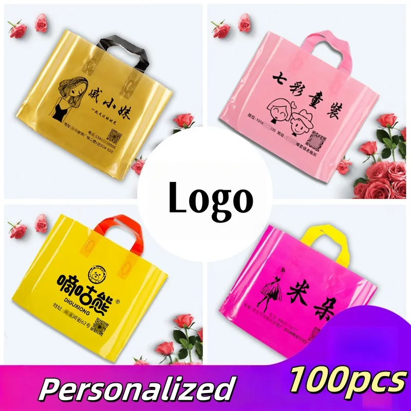

100pcs Custom Logo Plastic Bag With Handle Large Shopping Bag For Business Personalized Clothing Store Packaging Bags
