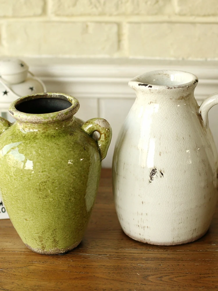 Rustic Mediterranean Style Ceramic Flower Vase White Handle Vase Dark Green Retro Flower Pot Home Decorative Accessories