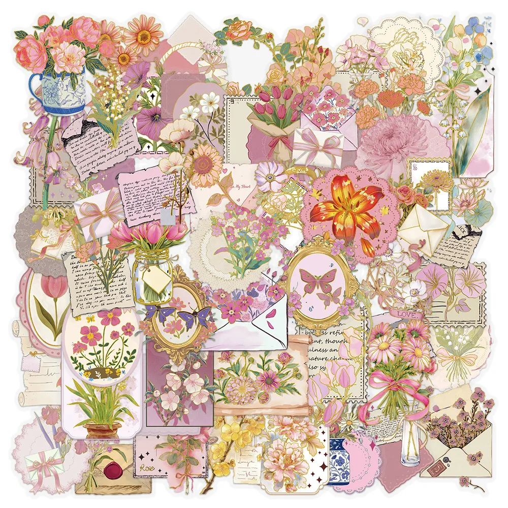 50/100 Pcs Hot Foil Stamping Flower PET Clear Stickers for Fridge Vase Shoe Rack Printer File Holder Phone Creative Decals