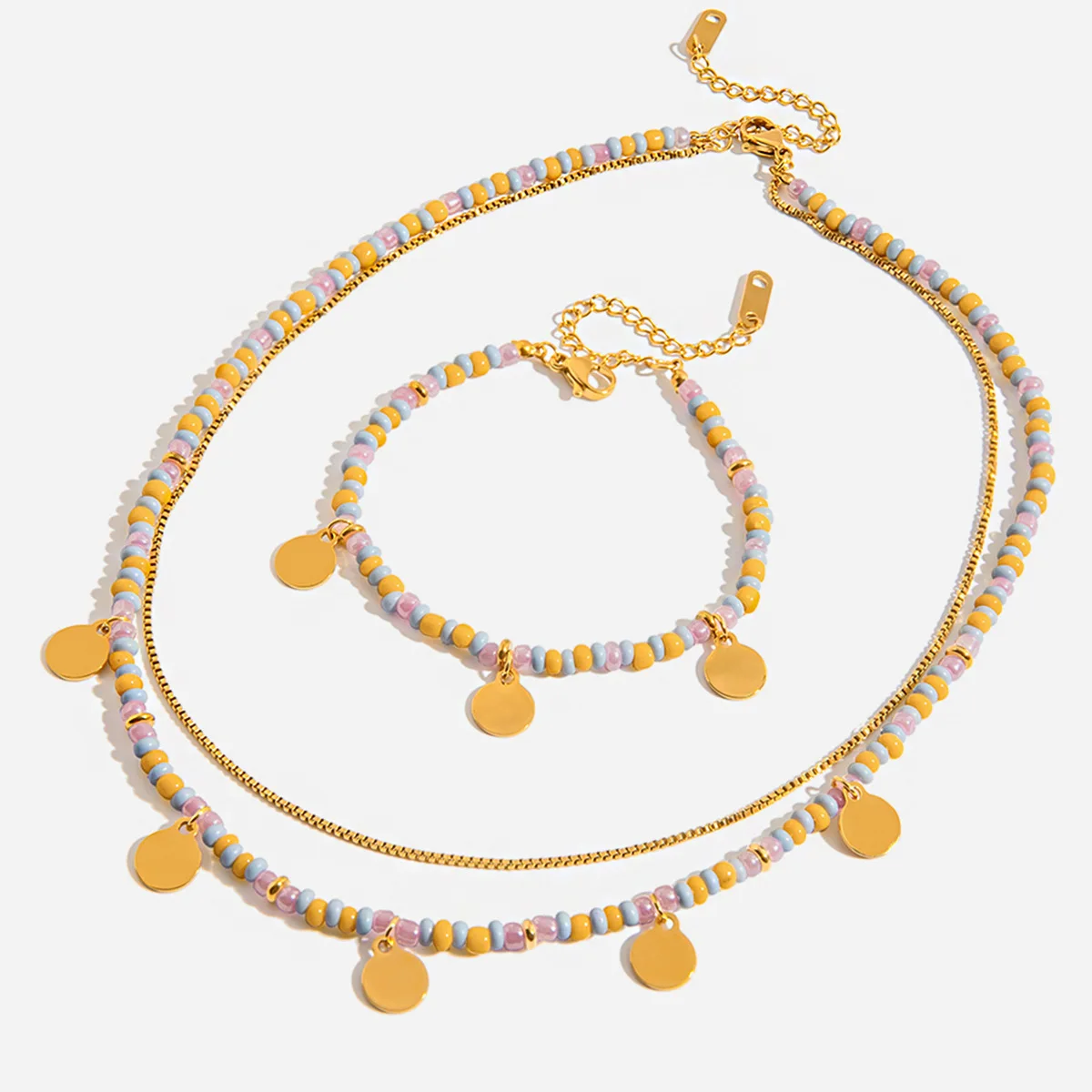 

Girly Macaron Color Rice Bead Necklace bracelet Set Gold Disc Pendant Double layer Chain vacation date & Beach Holiday Jewelry