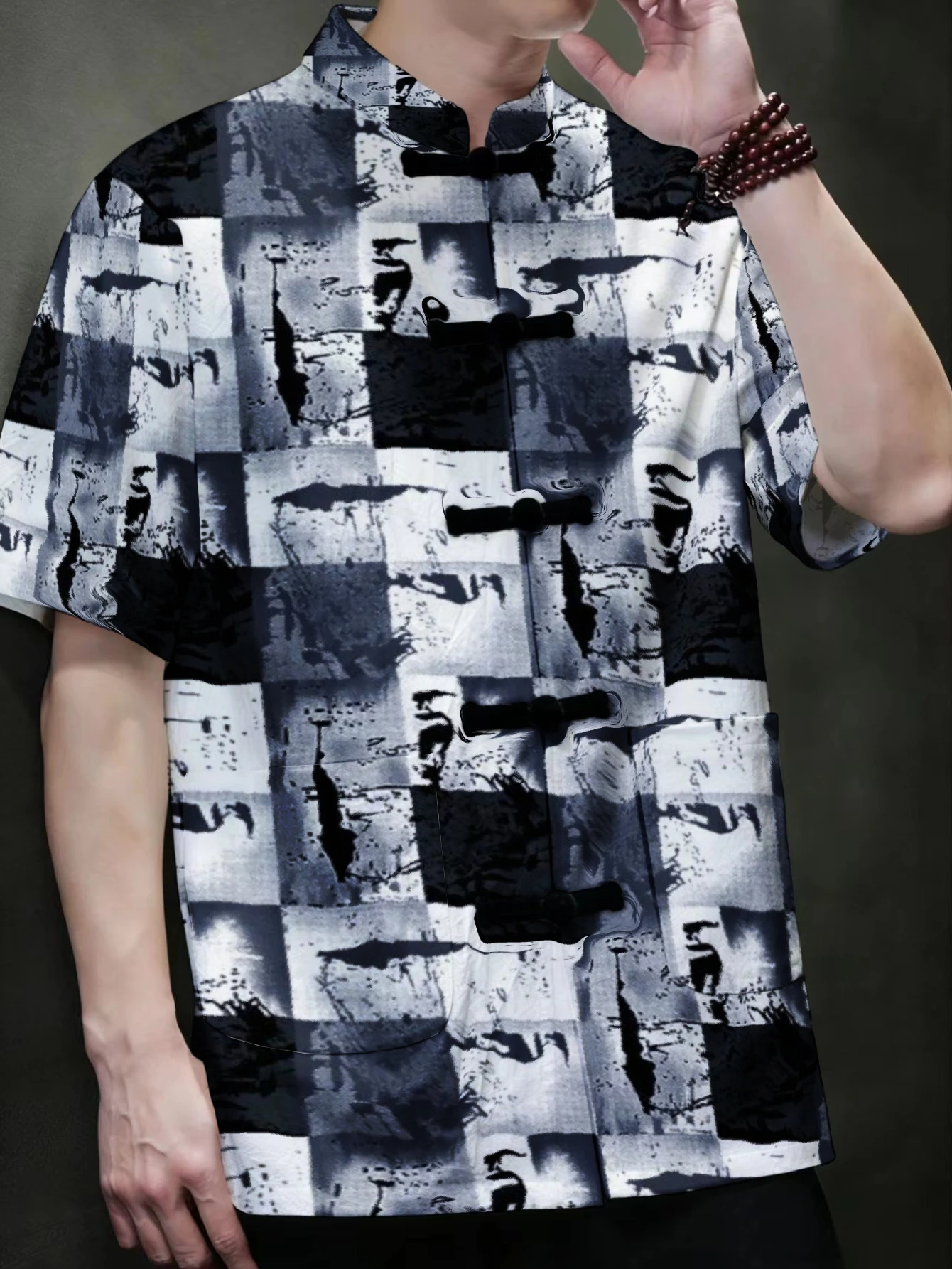 Men Mandarin Collar Frog Button Short Sleeve Shirt Abstract Geometric Art Print Oriental Casual Top With Side Pockets