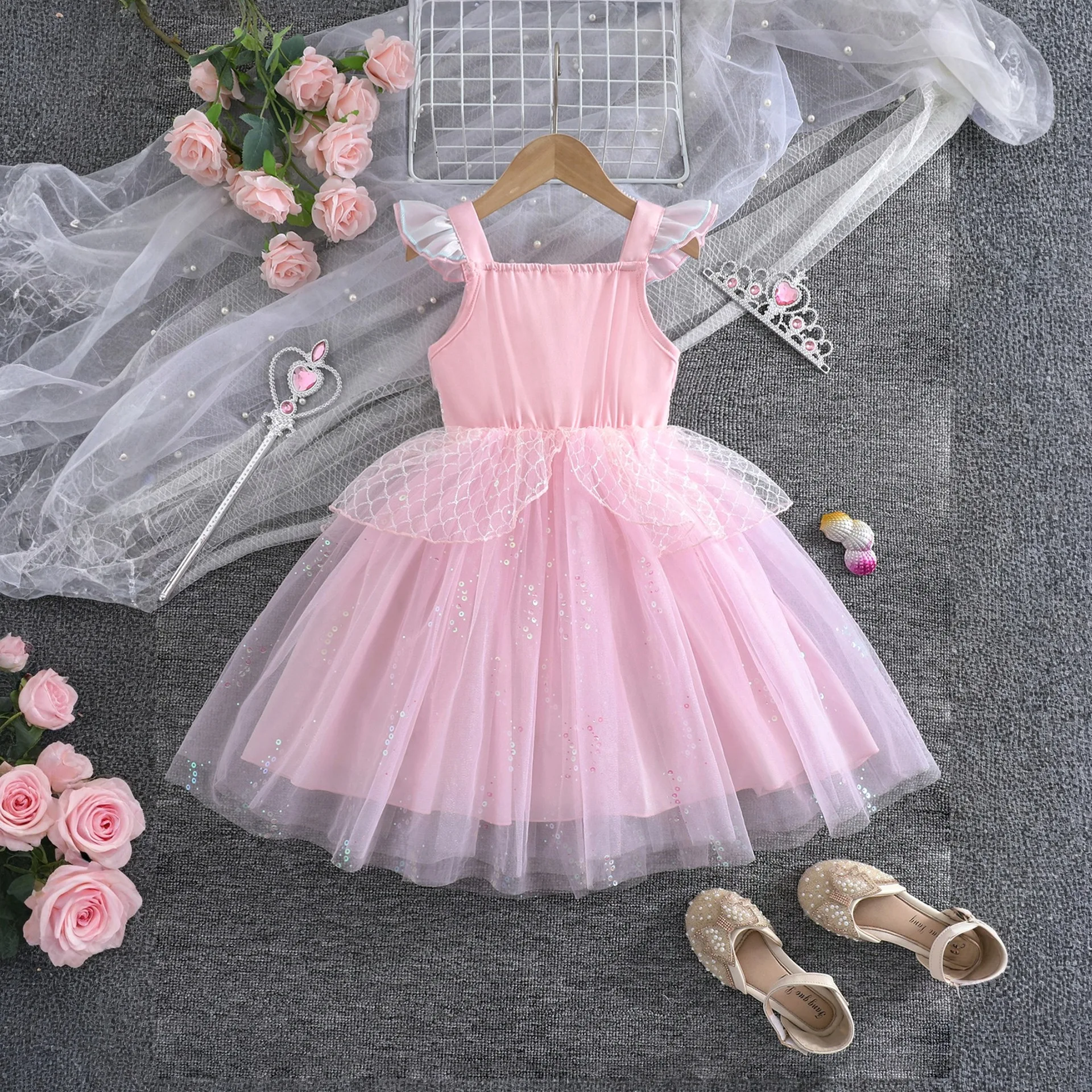 فستان الأميرة الوردي الأنيق بدون أكمام مع دانتيل وتول - فستان حفلات الهالوين للفتيات، فستان الهالوين للأطفال #6