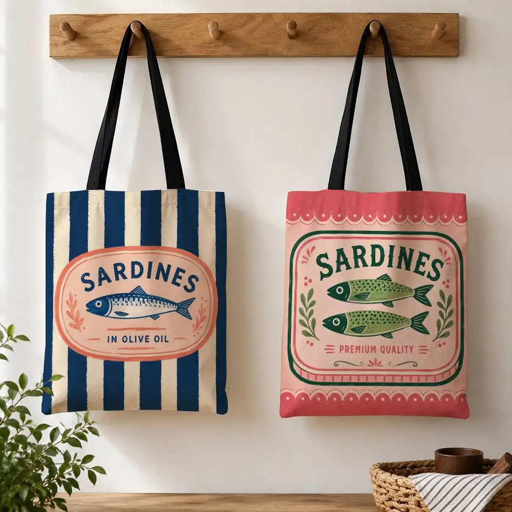 Vintage Sardine Can Label Art Storage Bags Large Capacity Canvas Tote Bag Double-Sided Print Shoulder Handbag for Daily Shopping
